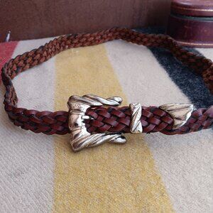 Large Vintage Womens Boho Belt Braided Leather Silver-Tone Buckle Paraguay 90s